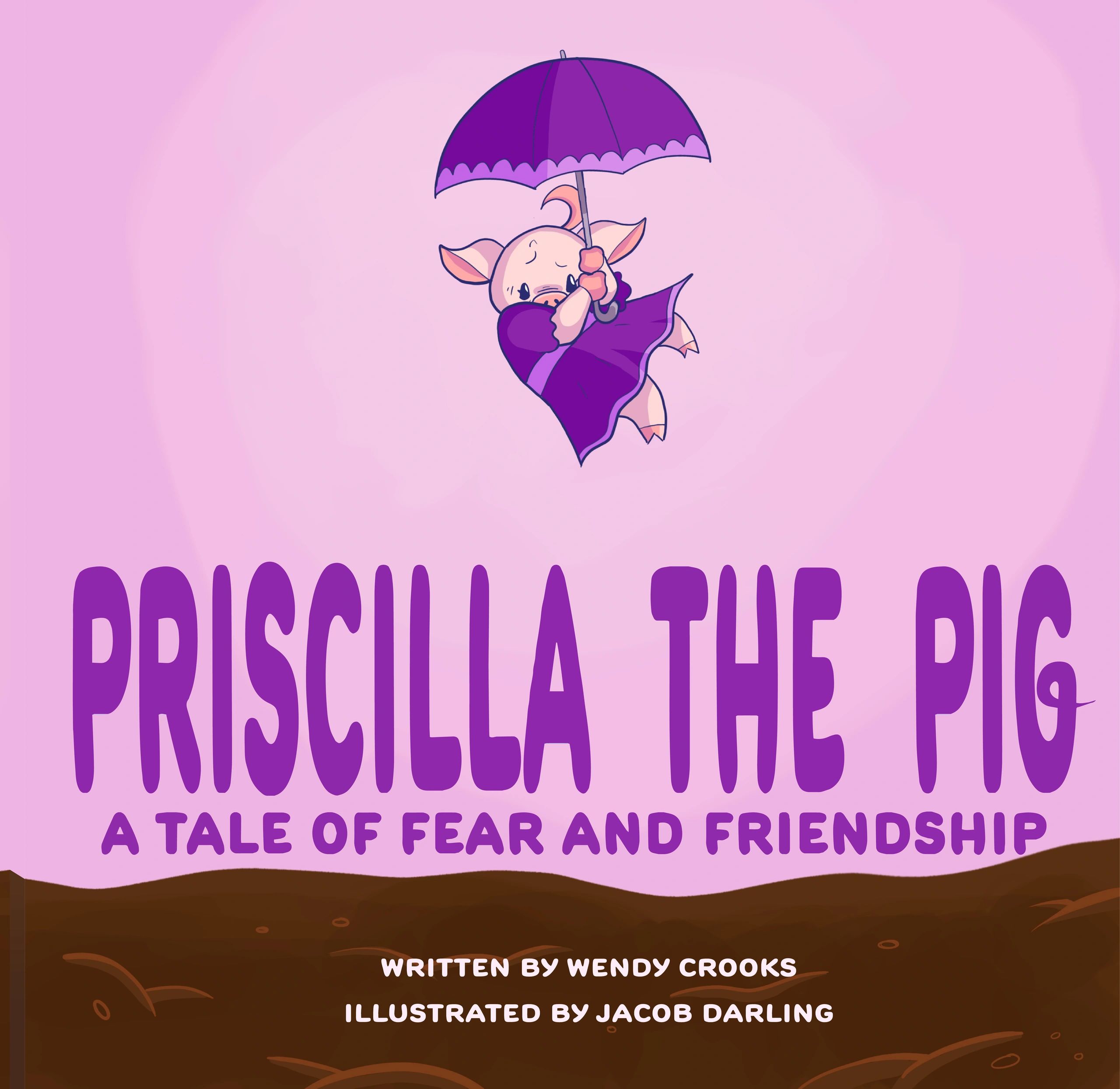 Book cover: Priscilla the Pig, a little pig floating beneath a purple umbrella.